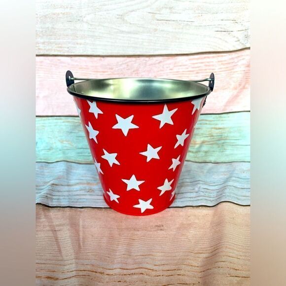NEW! Small Red Tin Bucket With Stars! 4th of July Decor - Picture 1 of 8